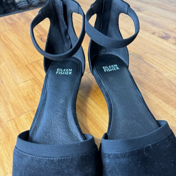 Eileen Fisher Ivie Black Suede Leather Ankle Strap Mesh Trim Heels Size 8.5 - Picture 3 of 5